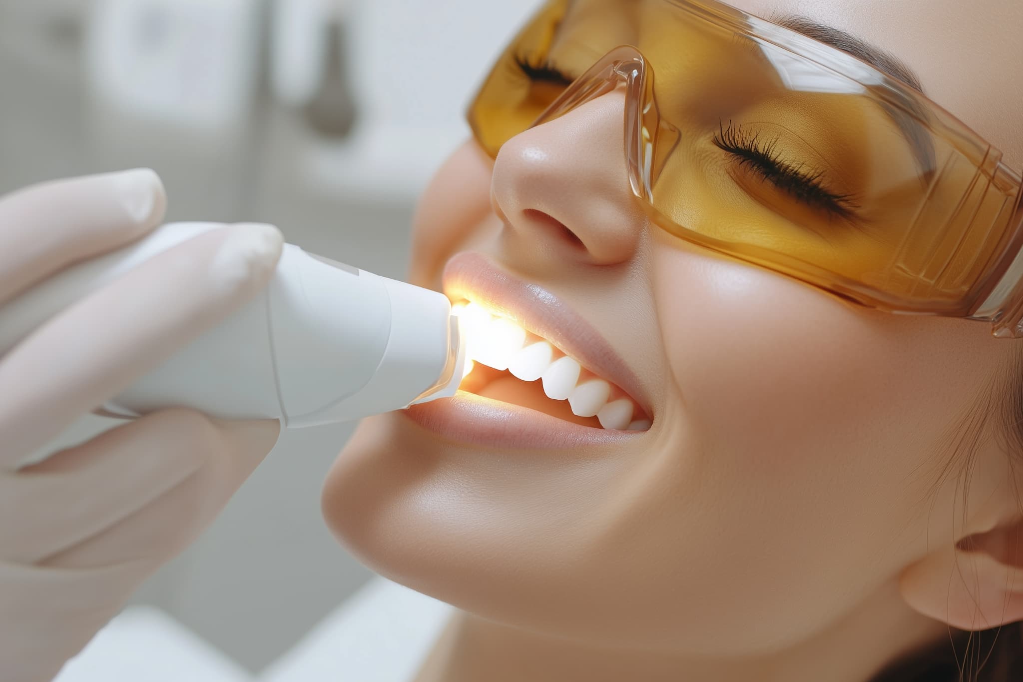 歯科医院でホワイトニングを受ける女性
